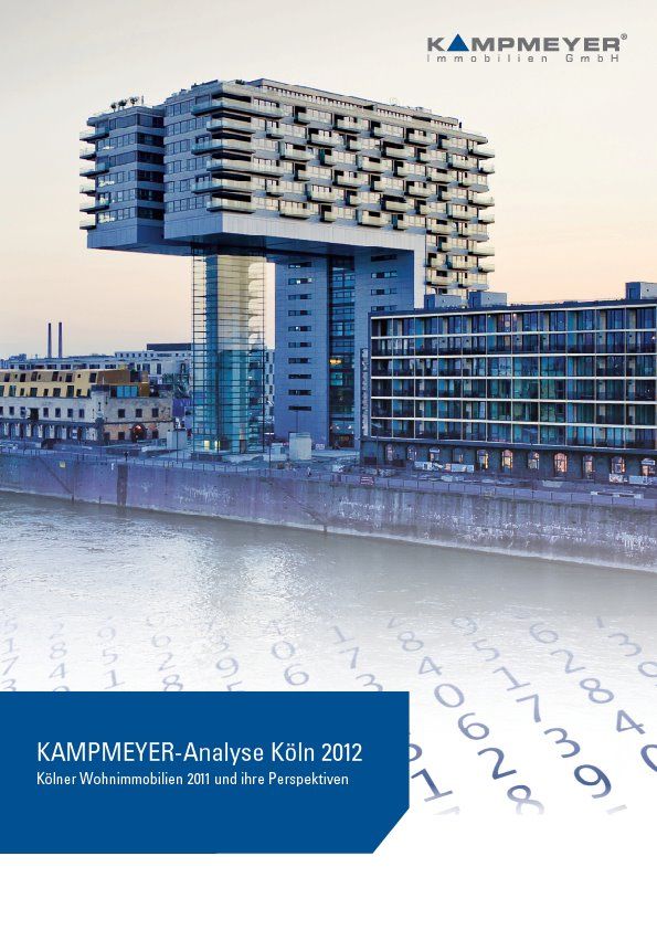 Ein modernes Ufergebäude mit auskragender Struktur in Köln ist auf dem Cover der KAMPMEYER-Analyse Köln 2012 der KAMPMEYER Immobilien GmbH abgebildet.