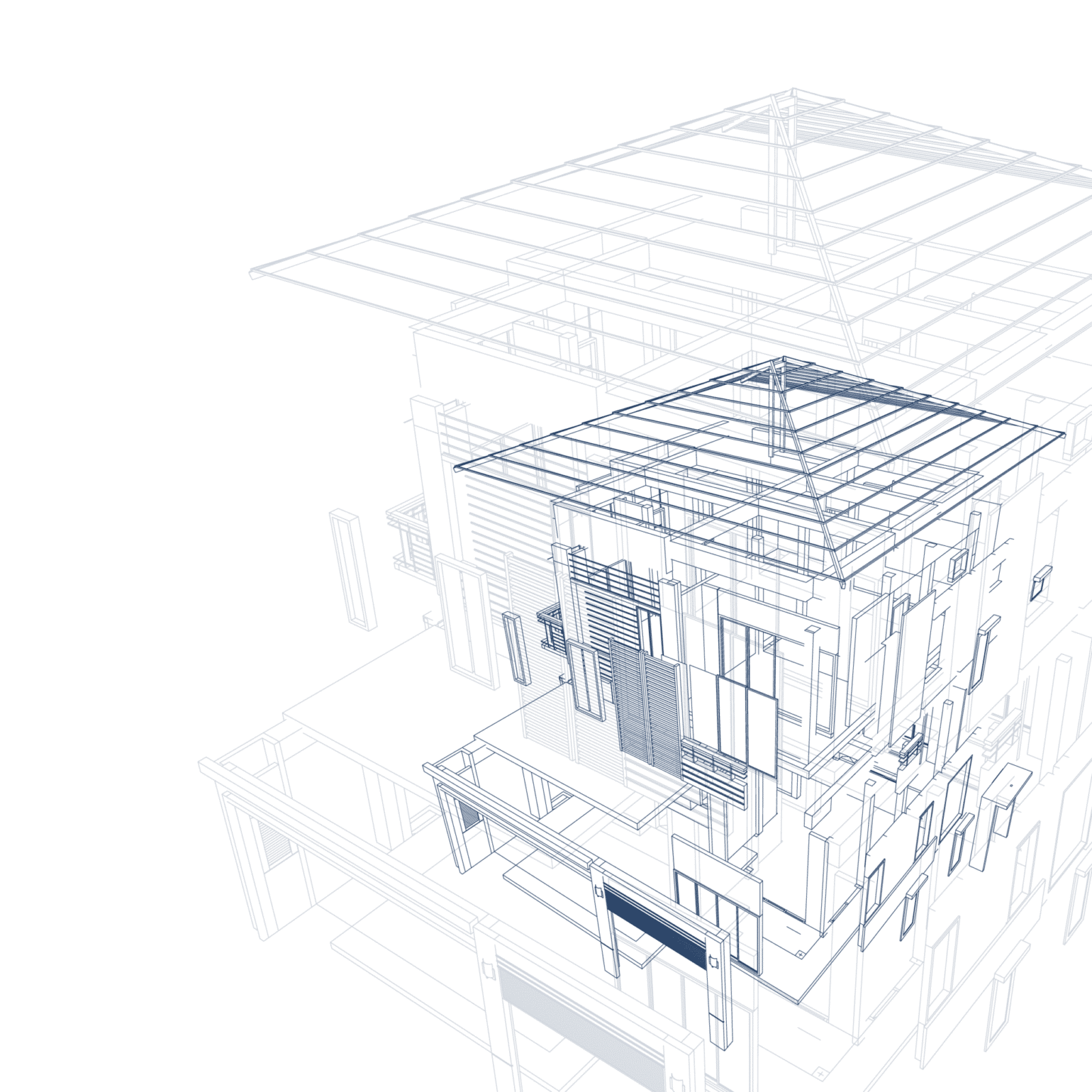 Eine architektonische Wireframe-Zeichnung eines modernen Hauses, die strukturelle Details, Räume, Fenster und das Dach in einer transparenten, technischen 3D-Perspektive auf weißem Hintergrund zeigt.