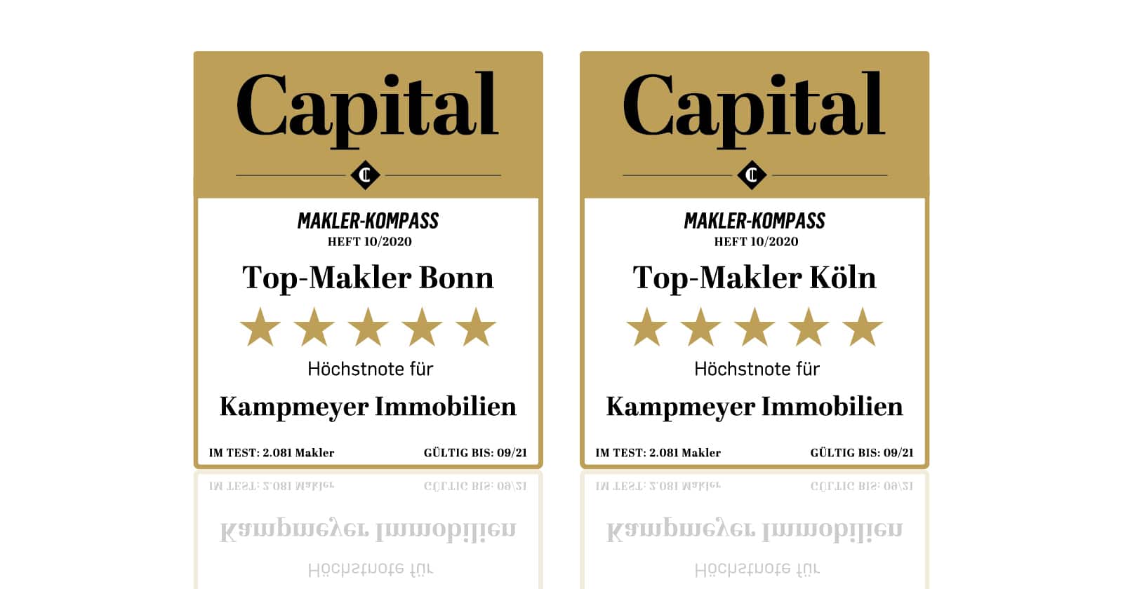 Zwei Plaketten der Zeitschrift Capital, die Kampmeyer Immobilien als Top-Immobilienmakler in Bonn und Köln auszeichnen, jeweils mit vier Sternen und goldener Umrandung.