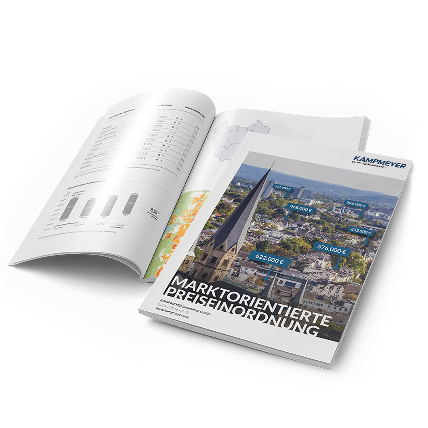 Ein offenes Heft mit dem Titel Marktorientierte Preiseinordnung, das auf der linken Seite Diagramme und auf der rechten Seite ein Luftbild der Stadt mit beschrifteten Immobilienpreisen zeigt.