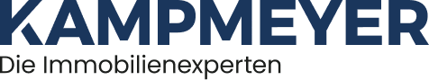 Logo mit dem Text KAMPMEYER in großen blauen Buchstaben und darunter Die Immobilienexperten in kleineren schwarzen Buchstaben.