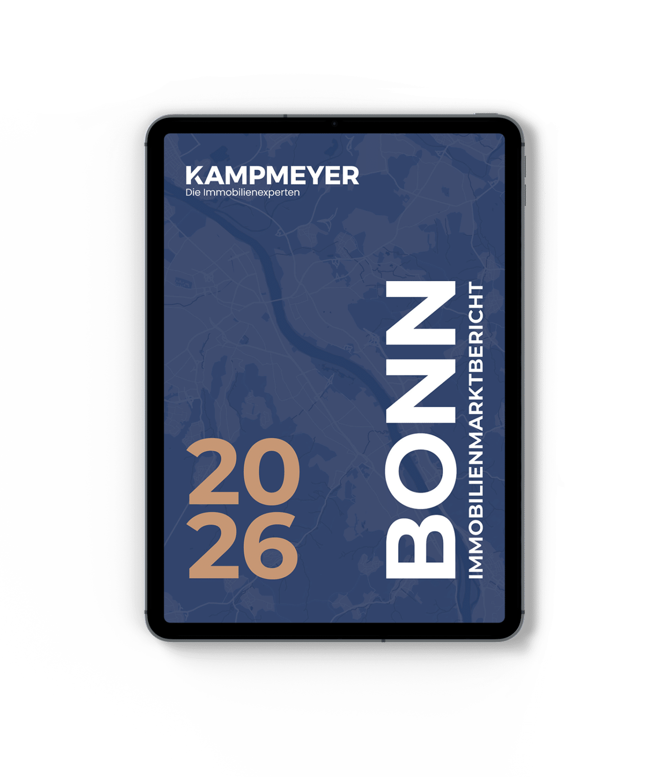 Auf einem Tablet ist ein blaues Titelblatt zu sehen, auf dem in fetten Buchstaben der Text „2026 BONN IMMOBILIENMARKTBERICHT“ steht und oben links „KAMPMEYER Die immobilienexperten“ zu lesen ist. Der Hintergrund weist ein dezentes Kartenmuster auf.
