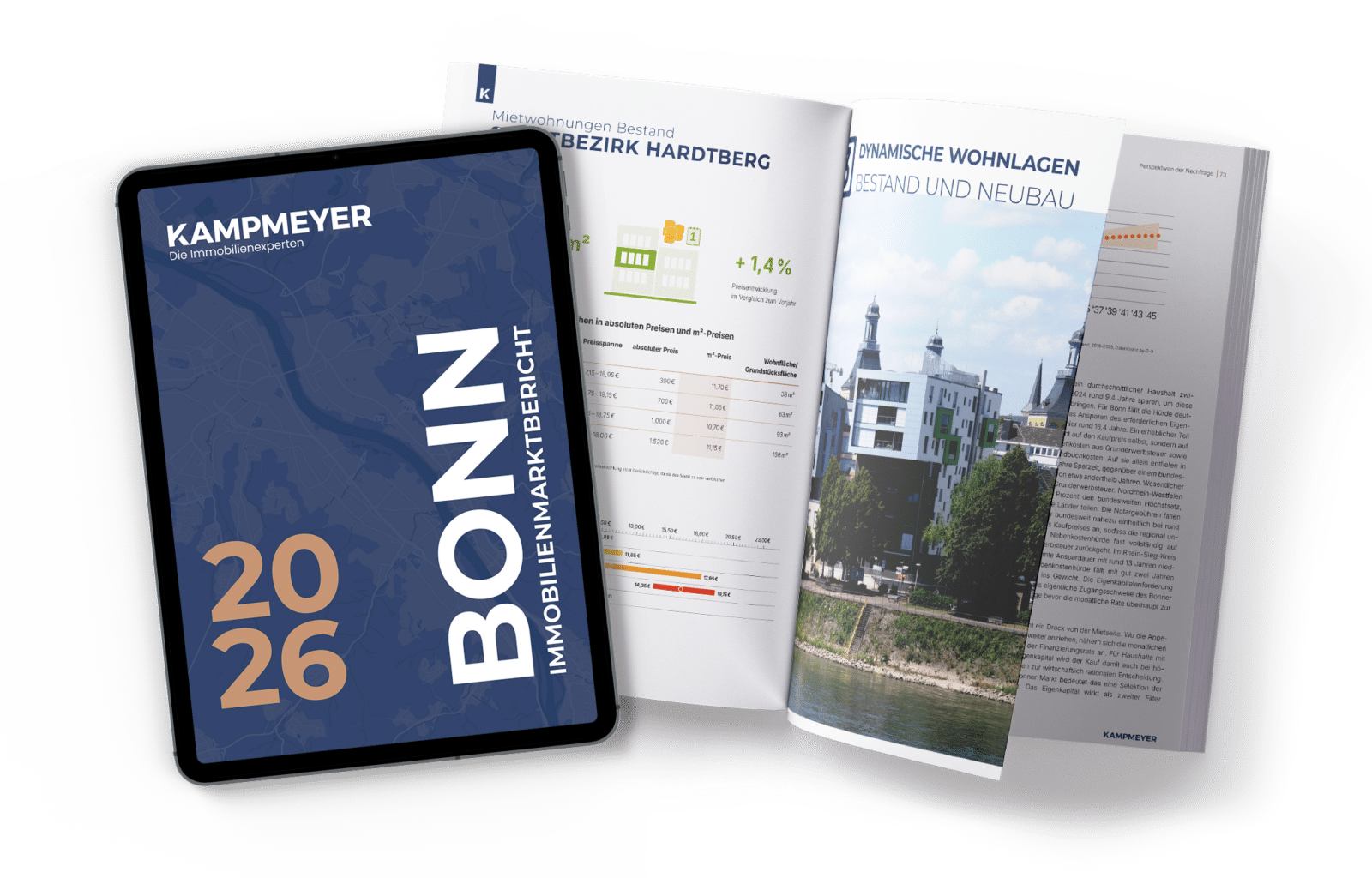 Auf einem Tablet ist der „Bonn 2026 Immobilienmarktbericht“ zu sehen, daneben liegt ein aufgeschlagener Immobilienmarktbericht mit Diagrammen und einem Panoramafoto von Gebäuden am Flussufer.