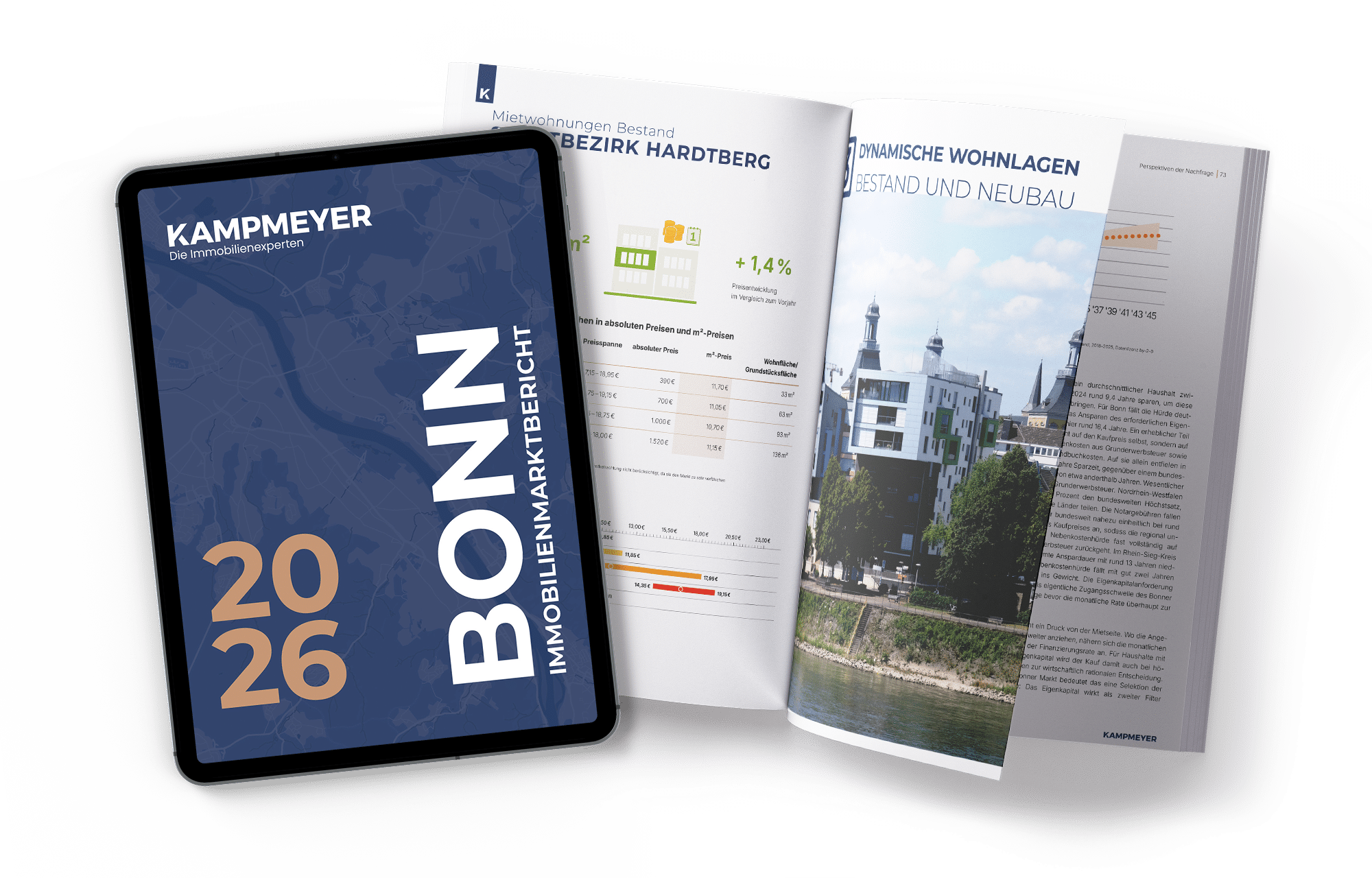 Auf einem Tablet ist der „Bonn 2026 Immobilienmarktbericht“ zu sehen, daneben liegt ein aufgeschlagener Immobilienmarktbericht mit Diagrammen und einem Panoramafoto von Gebäuden am Flussufer.