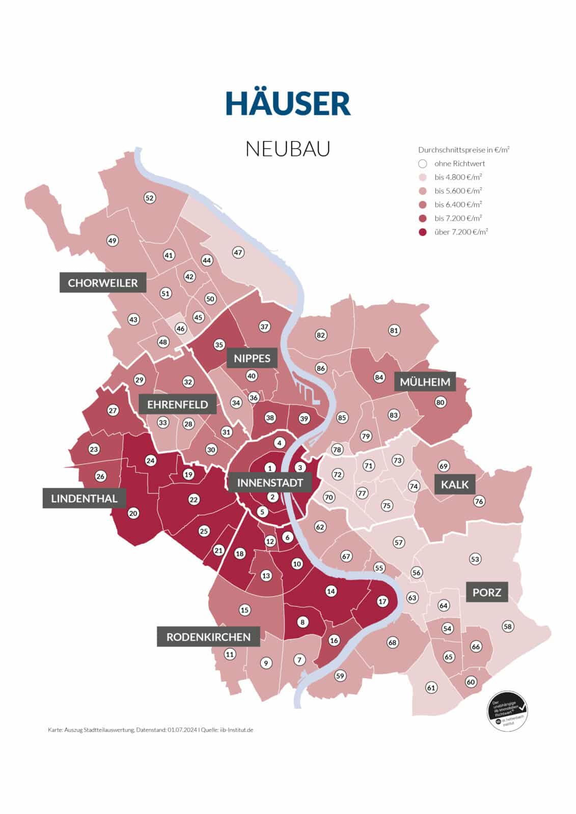 Karte von Köln mit durchschnittlichen Quadratmeterpreisen für neu gebaute Häuser nach Stadtteilen, wobei die Farbschattierungen die Preisspannen von unter 5.400 € bis über 7.200 € darstellen. Dunklere Bereiche zeigen höhere Preise an.
