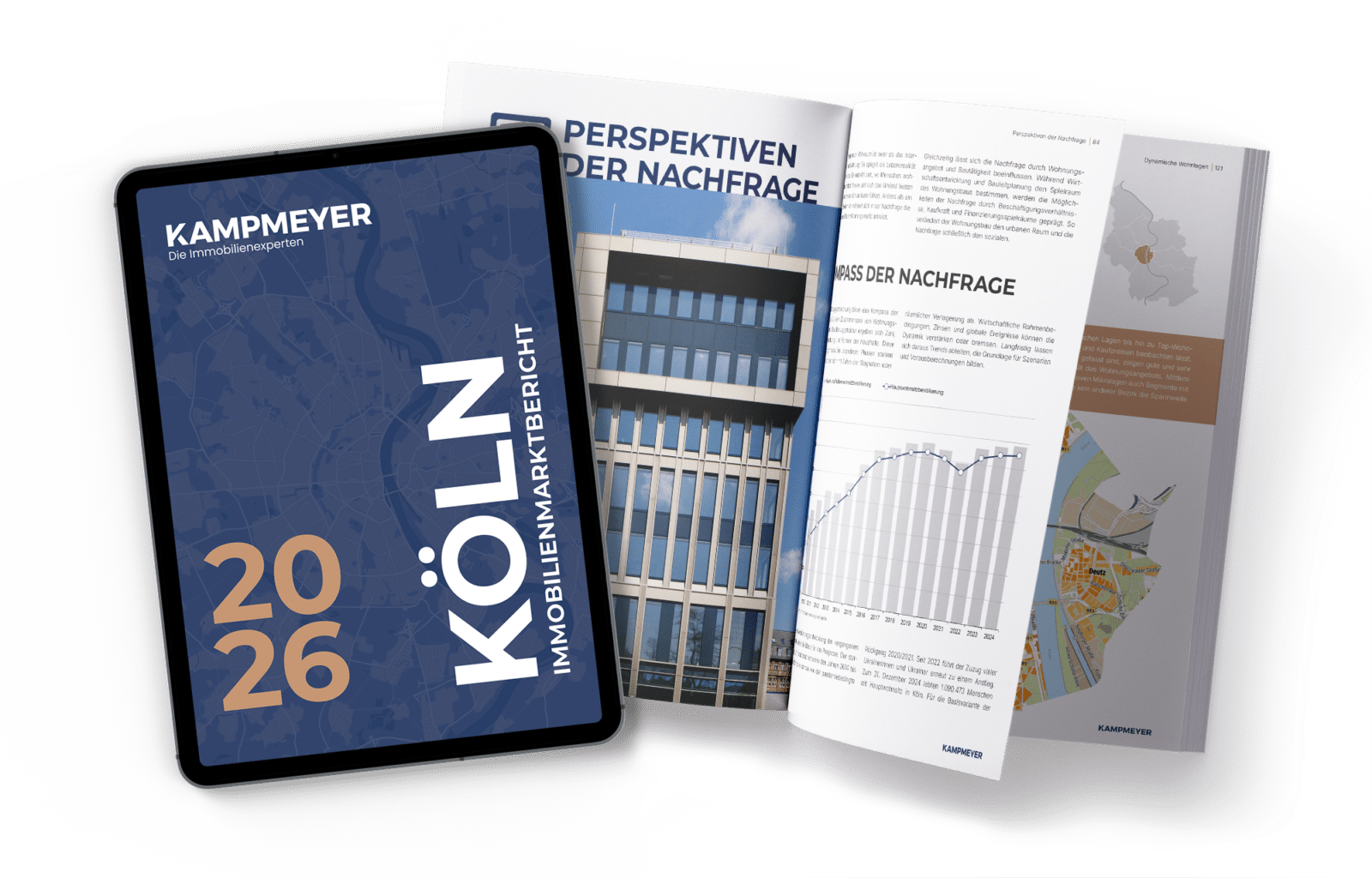 Auf einem iPad wird der „Kampmeyer 2026 Köln Immobilienmarktbericht“ neben einem aufgeschlagenen Immobilienmarktbericht mit Gebäudefotos, Grafiken und einer Karte angezeigt – alles vor einem weißen Hintergrund.