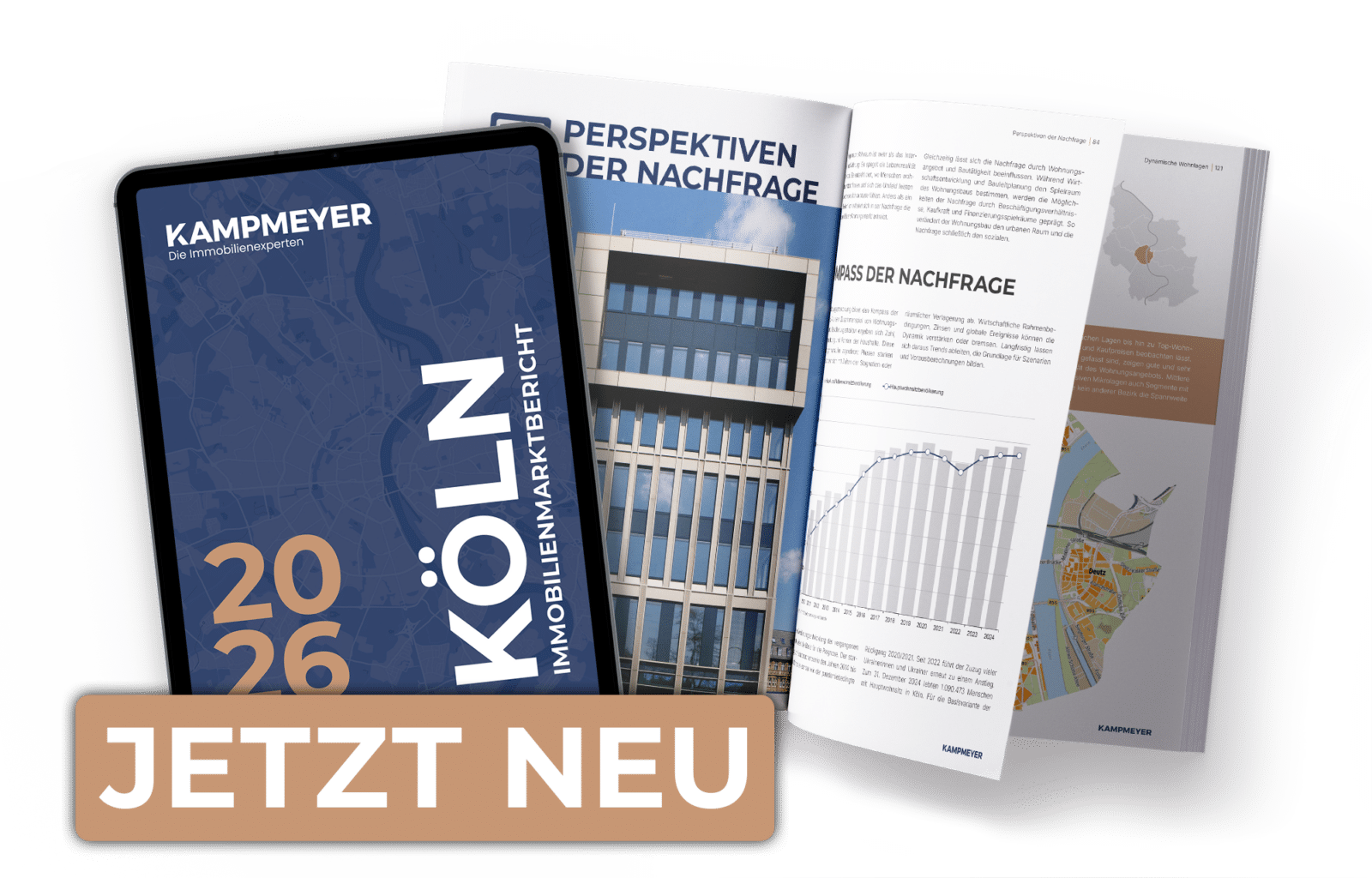 Auf einem Tablet und in zwei aufgeschlagenen Zeitschriften ist ein Immobilienmarktbericht für Köln aus dem Jahr 2026 zu sehen. In großer Schrift steht „Köln Immobilienmarktbericht“, daneben sind Grafiken, Fotos und Karten zu erkennen. Auf einem beigen Banner steht „JETZT NEU...“.