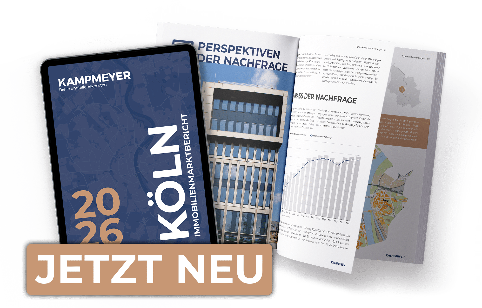 Auf einem Tablet und in zwei aufgeschlagenen Zeitschriften ist ein Immobilienmarktbericht für Köln aus dem Jahr 2026 zu sehen. In großer Schrift steht „Köln Immobilienmarktbericht“, daneben sind Grafiken, Fotos und Karten zu erkennen. Auf einem beigen Banner steht „JETZT NEU...“.