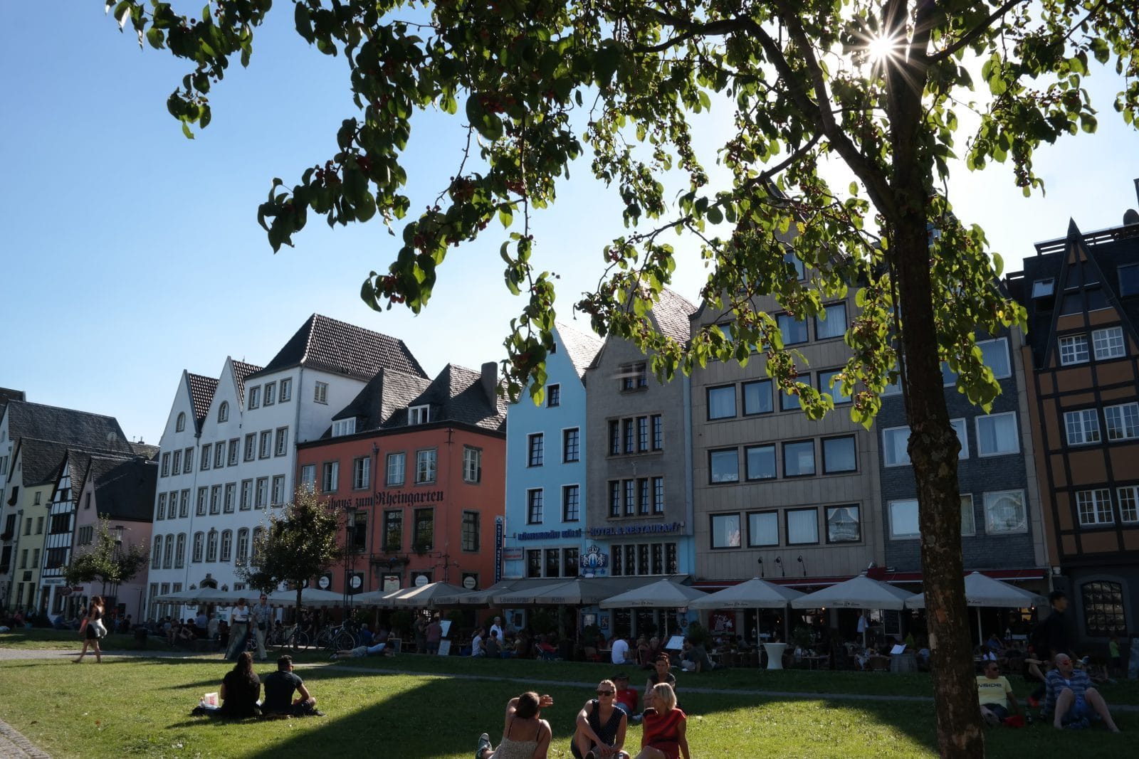Menschen entspannen sich an einem sonnigen Tag in einem grasbewachsenen Park unter einem belaubten Baum, mit Reihen von bunten historischen Gebäuden und Straßencafés im Hintergrund. Das Sonnenlicht scheint durch die Zweige der Bäume.