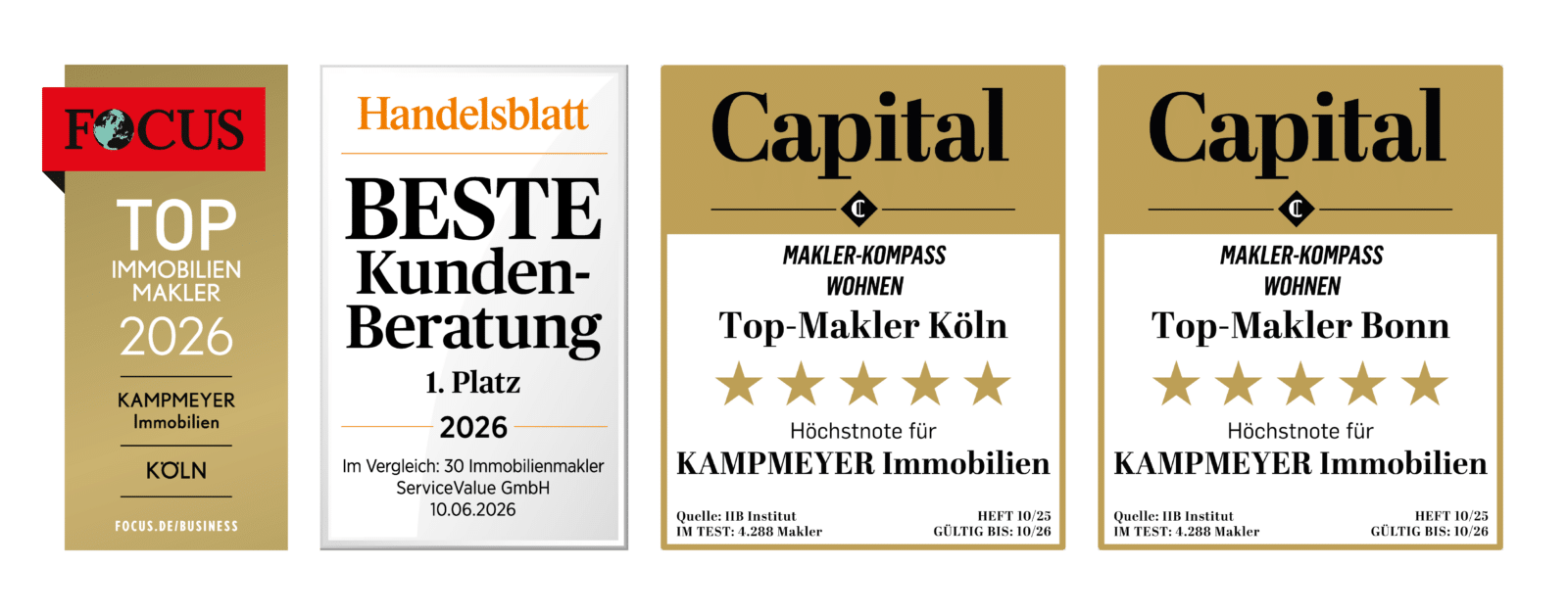 Vier Auszeichnungsplaketten für KAMPMEYER Immobilien als Anerkennung für erstklassige Immobiliendienstleistungen und Kundenberatung auf den Immobilienmärkten in Köln und Bonn, verliehen von den Zeitschriften „Focus“, „Handelsblatt“ und „Capital“ für die Jahre 2025 und 2026.