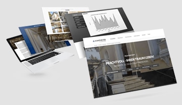 Vier schwebende Laptop-Bildschirme zeigen vor einem hellgrauen Hintergrund verschiedene Website-Layouts an, darunter Architekturbilder, Diagramme und Navigationsmenüs.