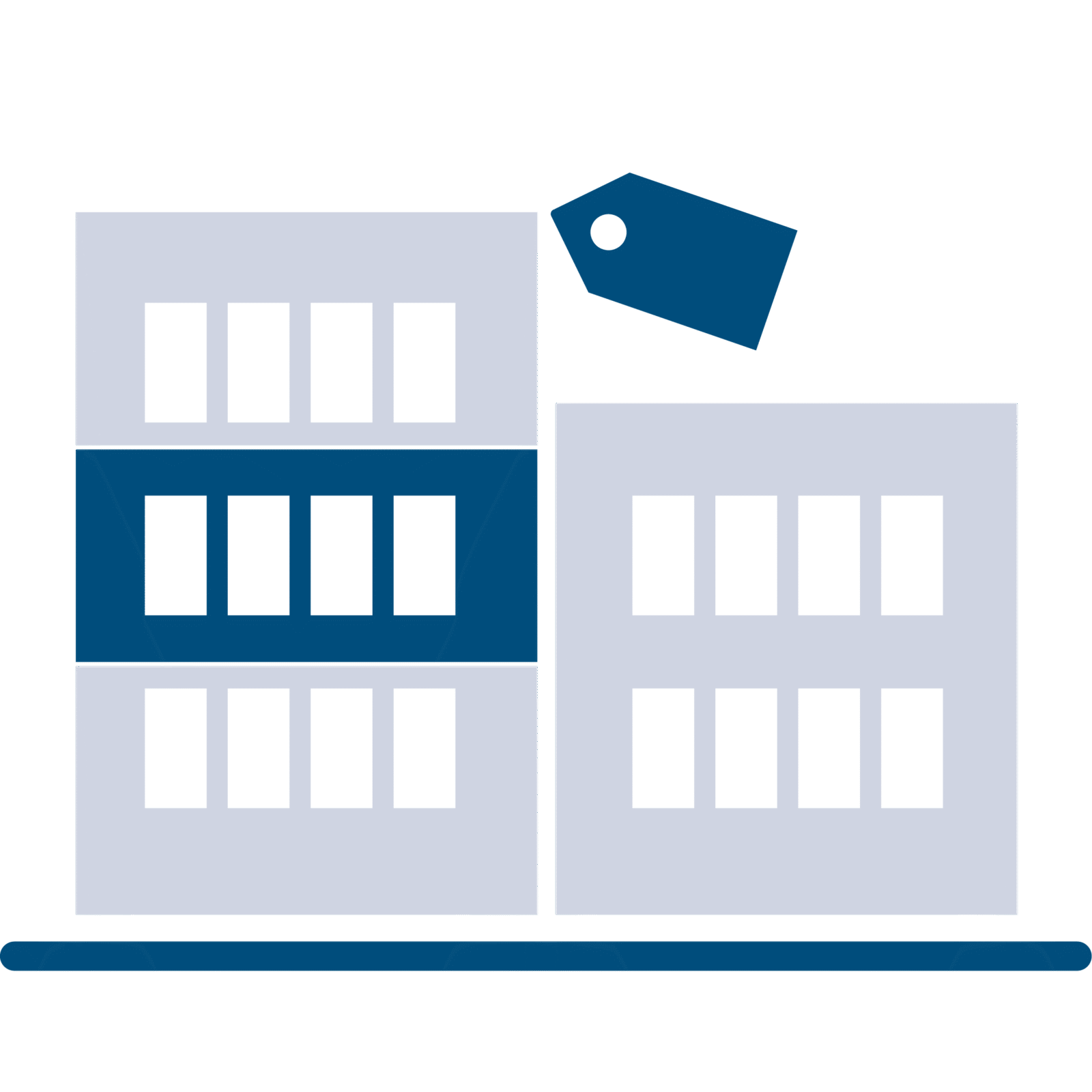 Einfache Illustration von zwei Bürogebäuden nebeneinander, mit einem Preisschild-Symbol über dem linken Gebäude, das auf den Verkauf von Immobilien oder Grundstücken hinweist.