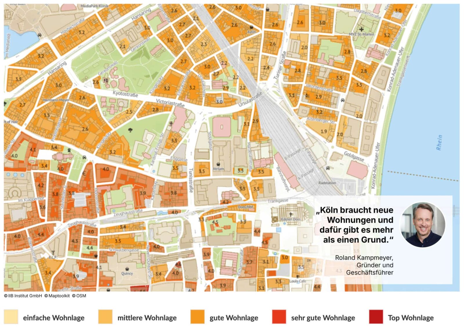 Eine farbcodierte Karte von Köln zeigt Wohngebiete nach ihrer Attraktivität: einfach (hellgelb), mittel (grün), gut (orange), sehr gut (rot) und top (dunkelrot). Ein Einschub zeigt das Foto eines Mannes und ein Zitat zum Thema Wohnen.