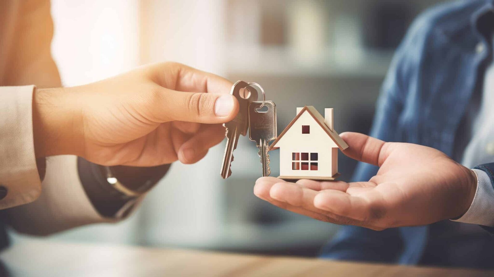 Zwei Personen tauschen Hausschlüssel und ein kleines Modellhaus aus und symbolisieren damit den Kauf oder die Anmietung eines Hauses. Eine Hand hält die Schlüssel, die andere das Modellhaus, was auf eine Immobilientransaktion hindeutet.